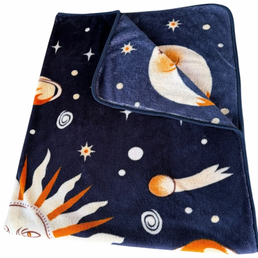 VTG Celestial Sunface Moon Stars Planets Cosmos Plush Blanket Whimsigoth 80x97